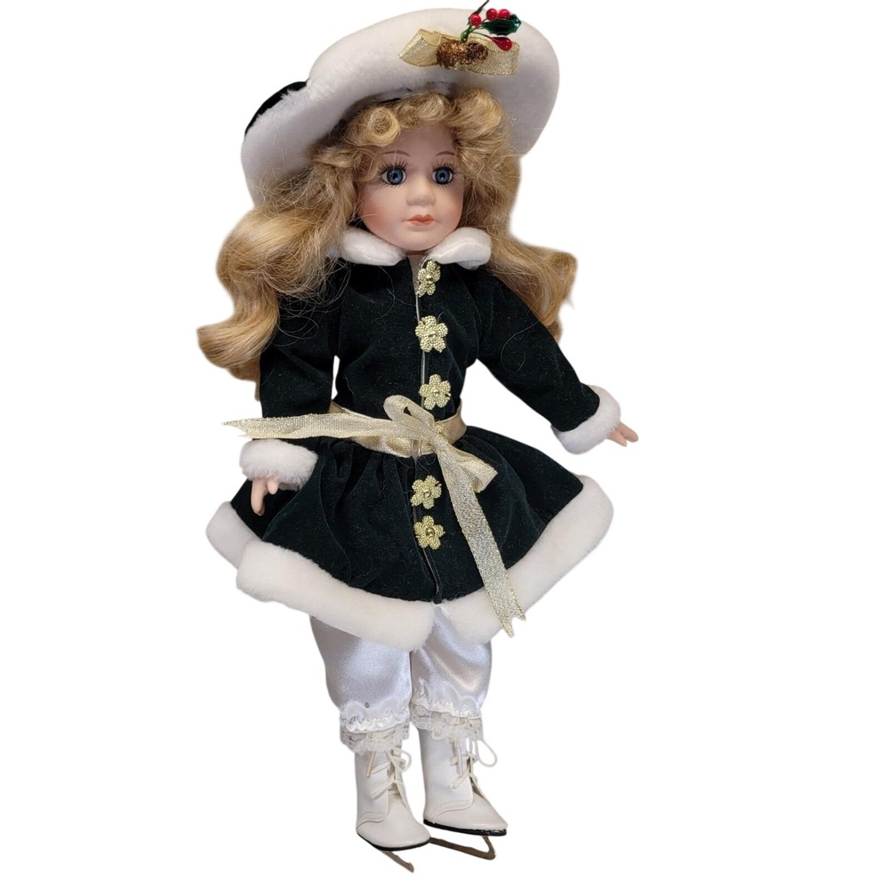 Connoisseur Collection Porcelain Ice Skater Doll Green Winter Victorian Holiday